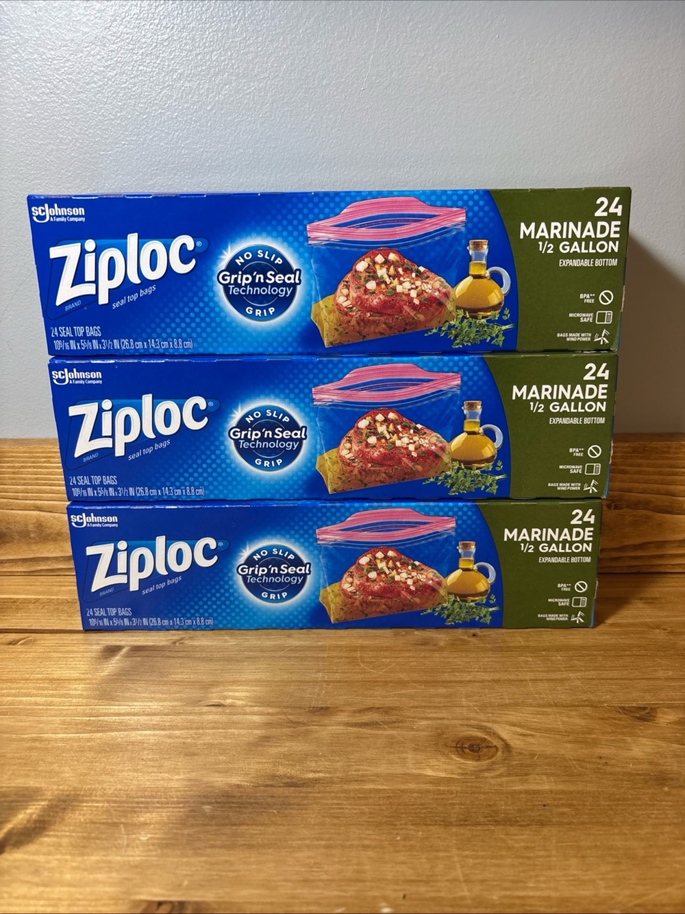 3 Pk Ziploc Stand Up 1/2 gal Bags 24 ea Pk Clear Bags Expandable Microwave Safe